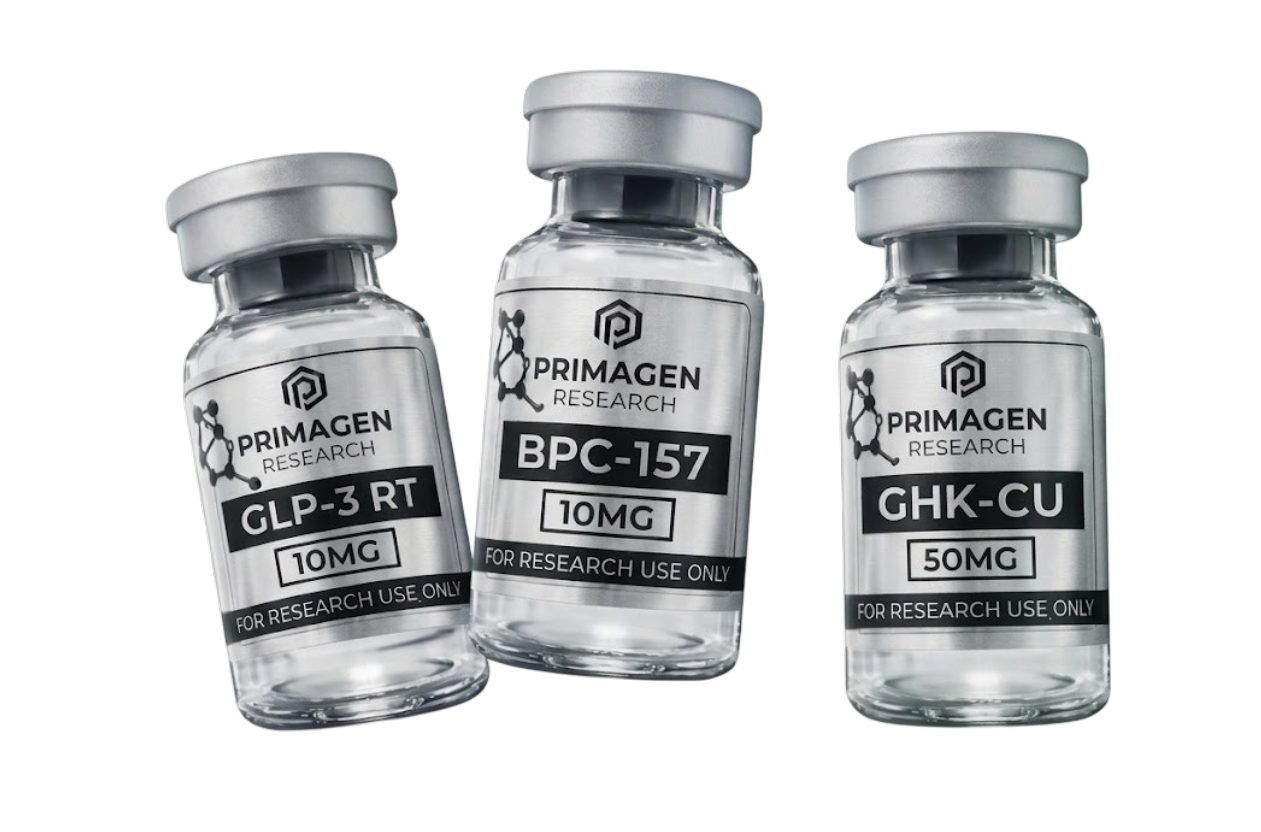 Primagen Research peptide vials - GLP-3 RT, BPC-157 and GHK-Cu
